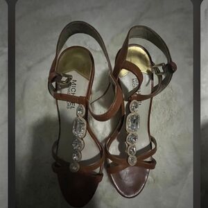 Michael Kors Brown Crystal T-Strap Heeled Sandals